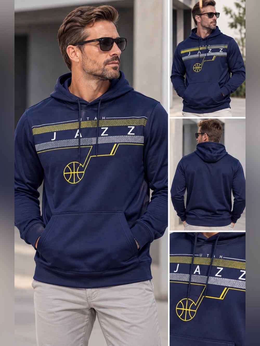 NBA Utah Jazz Navy Blue and Yellow Pullover Hoodie